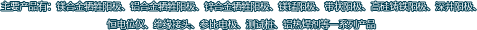 主要產(chǎn)品有：鎂合金犧牲陽(yáng)極、鋁合金犧牲陽(yáng)極、鋅合金犧牲陽(yáng)極、鎂錳陽(yáng)極、帶狀陽(yáng)極、高硅鑄鐵陽(yáng)極、深井陽(yáng)極、恒電位儀、絕緣接頭、參比電極、測(cè)試樁、鋁熱焊劑等一系列產(chǎn)品